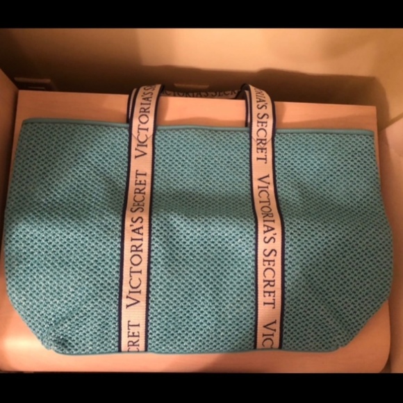 New Victoria’s Secret Turquoise Blue Woven Tote Bag & VS Turquoise Cooler Set - Picture 4 of 15